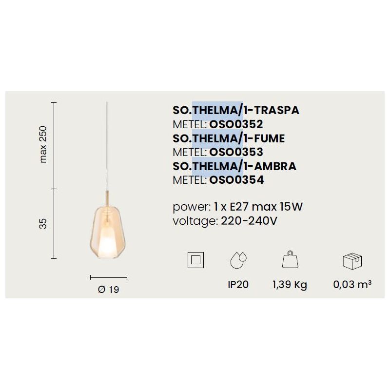 THELMA SOSPENSIONE SINGOLA IN VETRO SOFFIATO TRASPARENTE, FUME O AMBRA D19 CM DESIGN MODERNO