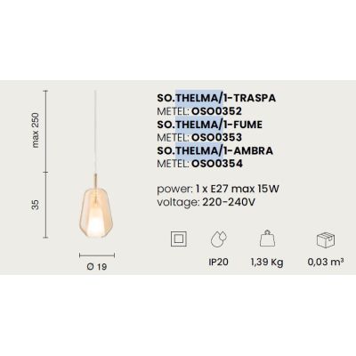 THELMA SOSPENSIONE SINGOLA IN VETRO SOFFIATO TRASPARENTE, FUME O AMBRA D19 CM DESIGN MODERNO