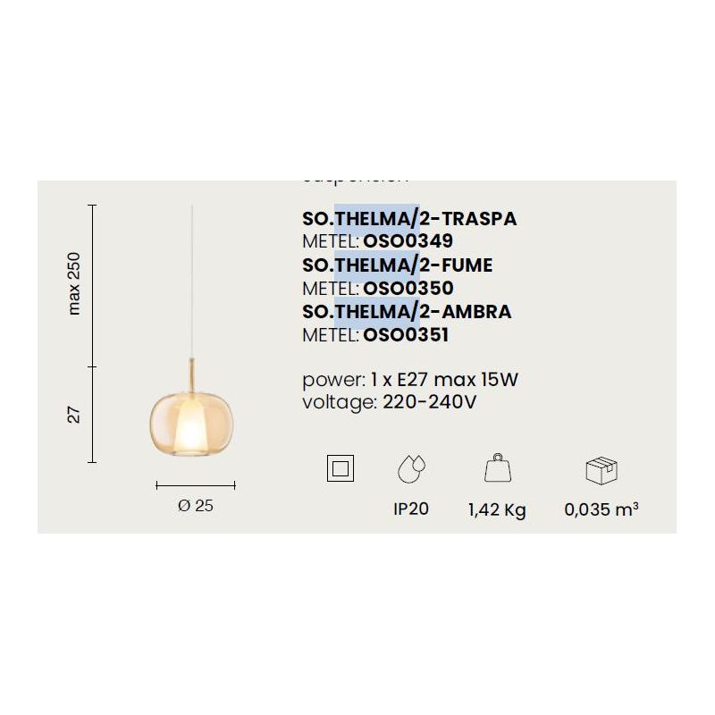 THELMA SOSPENSIONE SINGOLA D25 CM IN VETRO SOFFIATO TRASPARENTE, FUME O AMBRA  DESIGN MODERNO