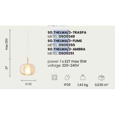 THELMA SOSPENSIONE SINGOLA D25 CM IN VETRO SOFFIATO TRASPARENTE, FUME O AMBRA  DESIGN MODERNO