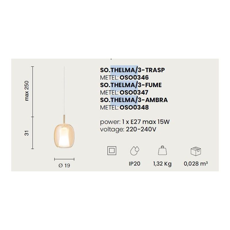 THELMA SOSPENSIONE SINGOLA D19 CM IN VETRO SOFFIATO TRASPARENTE, FUME O AMBRA  DESIGN MODERNO