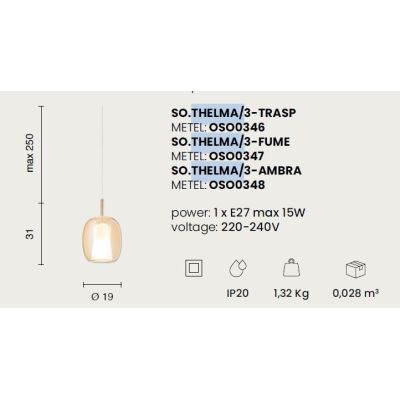 THELMA SOSPENSIONE SINGOLA D19 CM IN VETRO SOFFIATO TRASPARENTE, FUME O AMBRA  DESIGN MODERNO