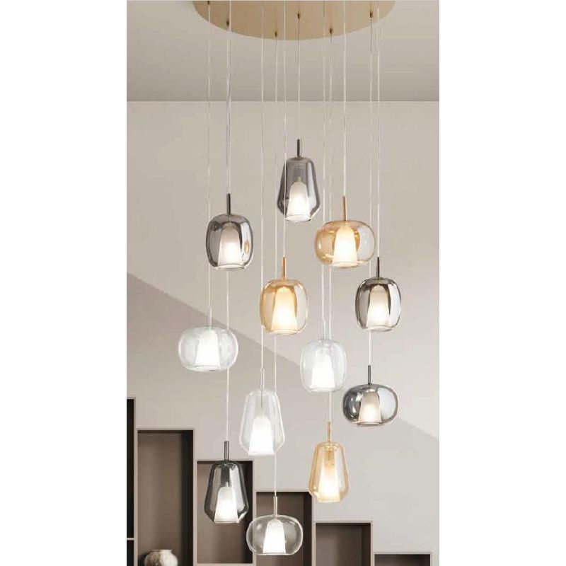 THELMA SOSPENSIONE ROTONDA 12 LUCI ORO CON DIFFUSORI IN VETRO SOFFIATO TRASPARENTE, FUME E AMBRA