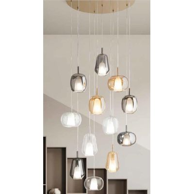 THELMA SOSPENSIONE ROTONDA 12 LUCI ORO CON DIFFUSORI IN VETRO SOFFIATO TRASPARENTE, FUME E AMBRA