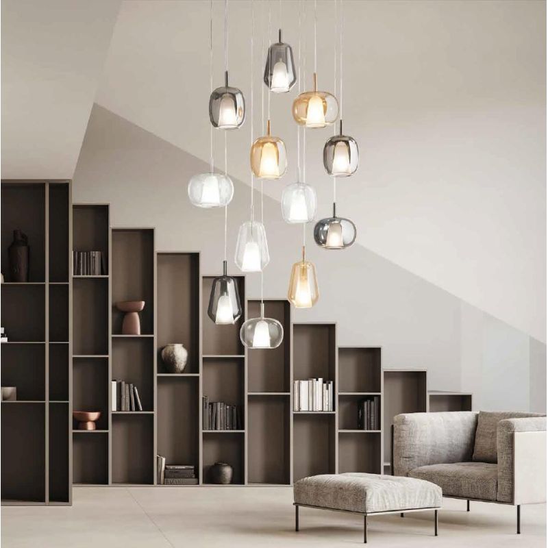 THELMA SOSPENSIONE ROTONDA 12 LUCI ORO CON DIFFUSORI IN VETRO SOFFIATO TRASPARENTE, FUME E AMBRA