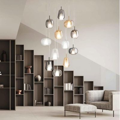 THELMA SOSPENSIONE ROTONDA 12 LUCI ORO CON DIFFUSORI IN VETRO SOFFIATO TRASPARENTE, FUME E AMBRA