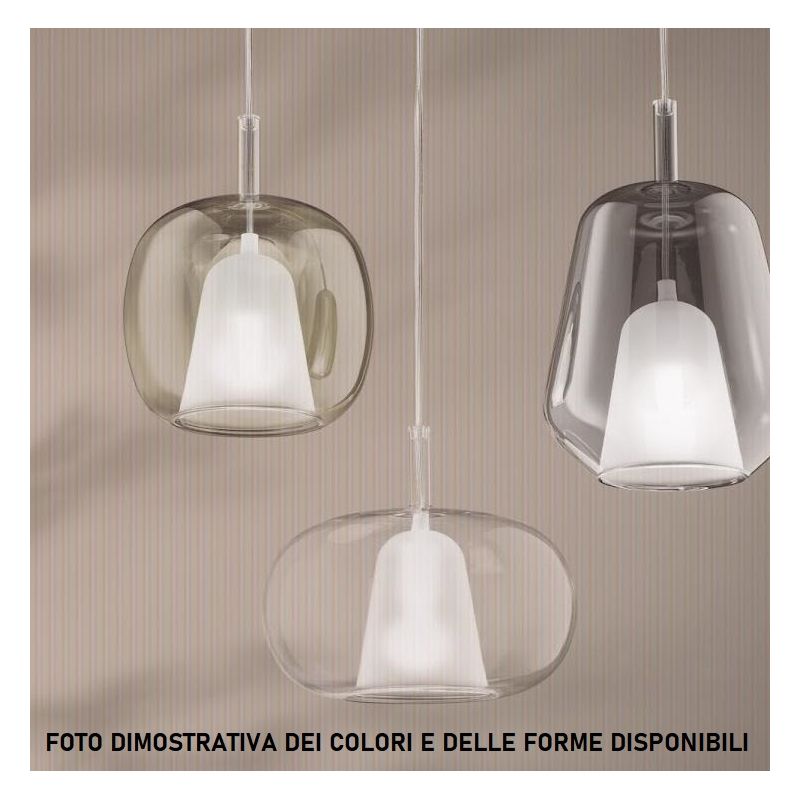 THELMA SOSPENSIONE ROTONDA 12 LUCI ORO CON DIFFUSORI IN VETRO SOFFIATO TRASPARENTE, FUME E AMBRA