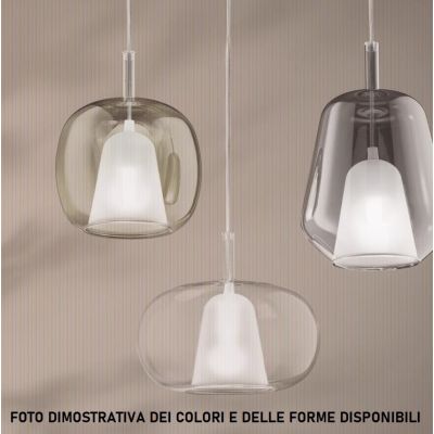 THELMA SOSPENSIONE ROTONDA 12 LUCI ORO CON DIFFUSORI IN VETRO SOFFIATO TRASPARENTE, FUME E AMBRA