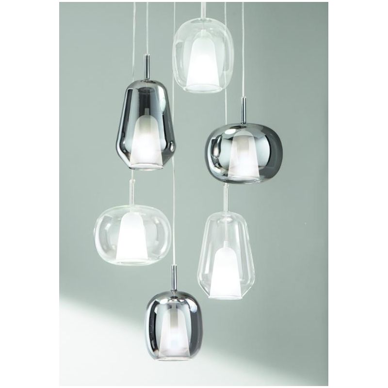 THELMA SOSPENSIONE ROTONDA 6 LUCI NERA CON DIFFUSORI IN VETRO SOFFIATO TRASPARENTE E FUME MODERNA