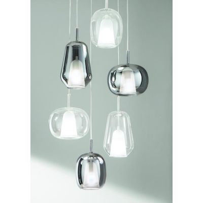 THELMA SOSPENSIONE ROTONDA 6 LUCI NERA CON DIFFUSORI IN VETRO SOFFIATO TRASPARENTE E FUME MODERNA