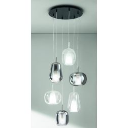 THELMA SOSPENSIONE ROTONDA 6 LUCI NERA CON DIFFUSORI IN VETRO SOFFIATO TRASPARENTE E FUME MODERNA