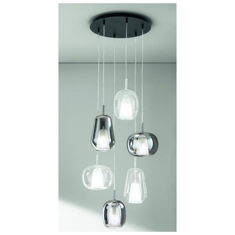 THELMA SOSPENSIONE ROTONDA 6 LUCI NERA CON DIFFUSORI IN VETRO SOFFIATO TRASPARENTE E FUME MODERNA