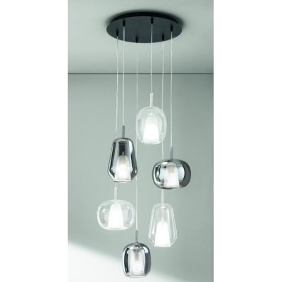 THELMA SOSPENSIONE ROTONDA 6 LUCI NERA CON DIFFUSORI IN VETRO SOFFIATO TRASPARENTE E FUME MODERNA