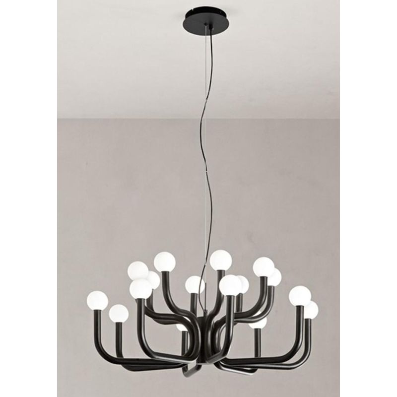 DERBY SOSPENSIONE MODERNA 16 LUCI IN METALLO ORO O NERO CON SFERE IN VETRO BIANCO LAMPADINE G9