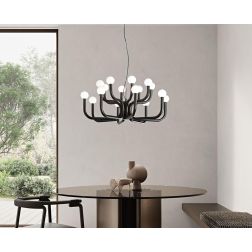 DERBY SOSPENSIONE MODERNA 16 LUCI IN METALLO ORO O NERO CON SFERE IN VETRO BIANCO LAMPADINE G9 2