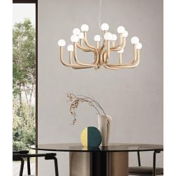 DERBY SOSPENSIONE MODERNA 16 LUCI IN METALLO ORO O NERO CON SFERE IN VETRO BIANCO LAMPADINE G9