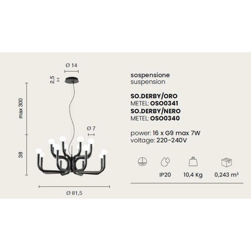 DERBY SOSPENSIONE MODERNA 16 LUCI IN METALLO ORO O NERO CON SFERE IN VETRO BIANCO LAMPADINE G9