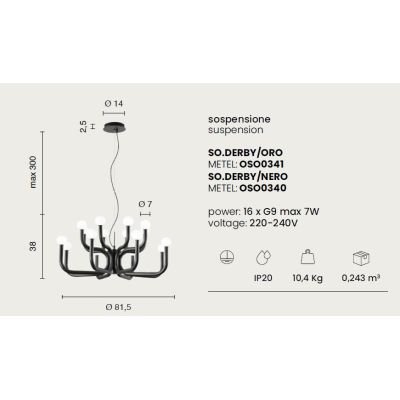 DERBY SOSPENSIONE MODERNA 16 LUCI IN METALLO ORO O NERO CON SFERE IN VETRO BIANCO LAMPADINE G9
