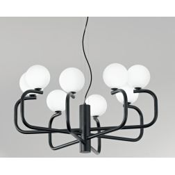 JEPPY SOSPENSIONE MODERNA 8 LUCI IN METALLO ORO O NERO CON SFERE IN VETRO BIANCO LAMPADINE G9
