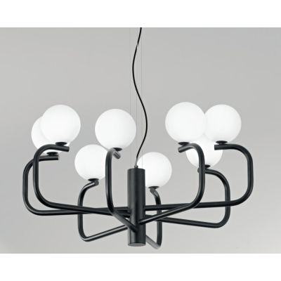 JEPPY SOSPENSIONE MODERNA 8 LUCI IN METALLO ORO O NERO CON SFERE IN VETRO BIANCO LAMPADINE G9