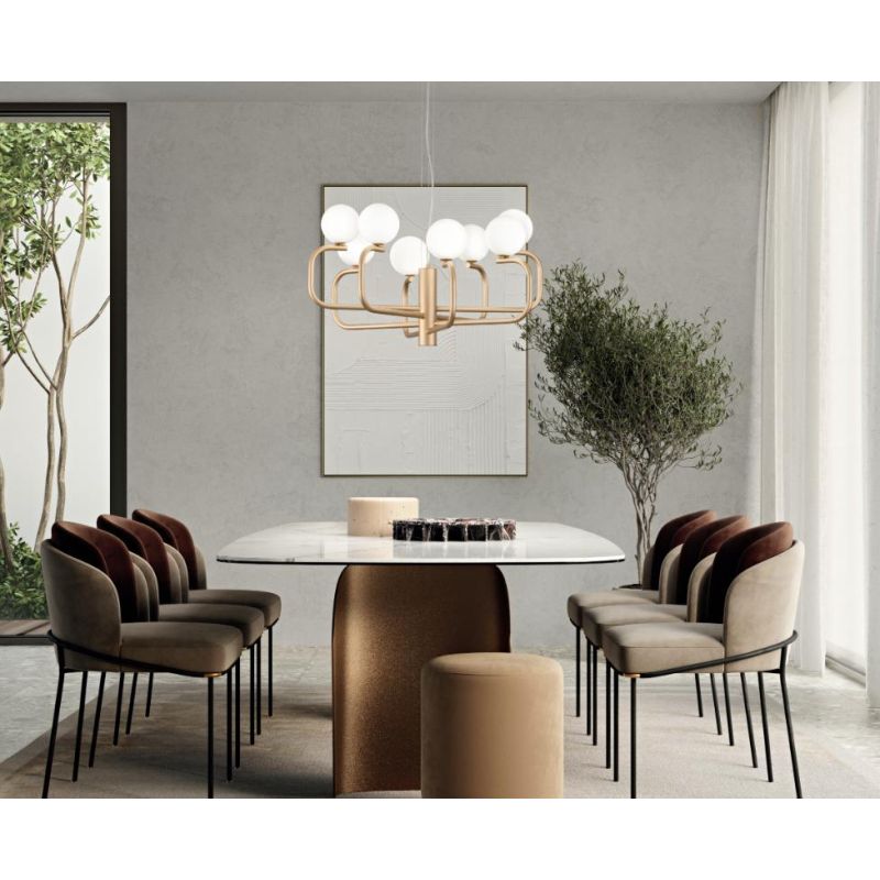 JEPPY SOSPENSIONE MODERNA 8 LUCI IN METALLO ORO O NERO CON SFERE IN VETRO BIANCO LAMPADINE G9