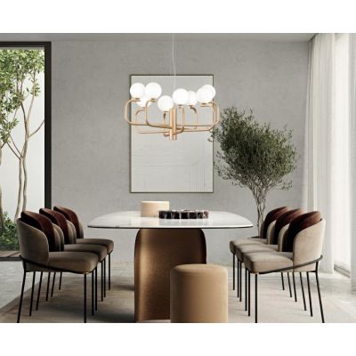 JEPPY SOSPENSIONE MODERNA 8 LUCI IN METALLO ORO O NERO CON SFERE IN VETRO BIANCO LAMPADINE G9