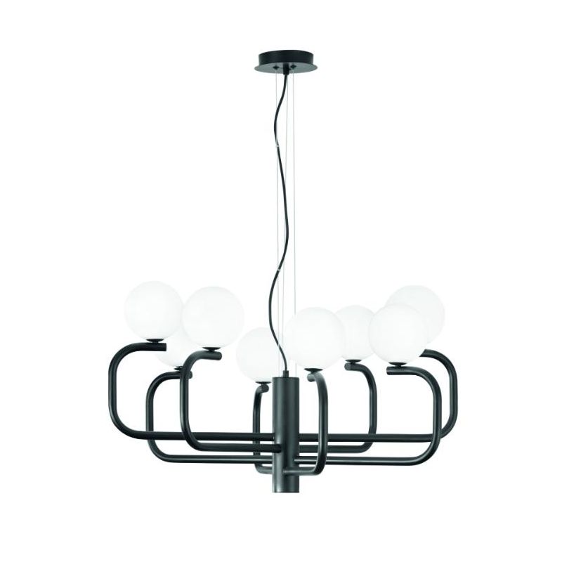 JEPPY SOSPENSIONE MODERNA 8 LUCI IN METALLO ORO O NERO CON SFERE IN VETRO BIANCO LAMPADINE G9