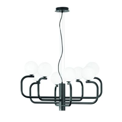 JEPPY SOSPENSIONE MODERNA 8 LUCI IN METALLO ORO O NERO CON SFERE IN VETRO BIANCO LAMPADINE G9