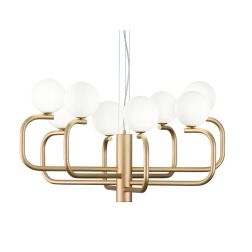 JEPPY SOSPENSIONE MODERNA 8 LUCI IN METALLO ORO O NERO CON SFERE IN VETRO BIANCO LAMPADINE G9 2