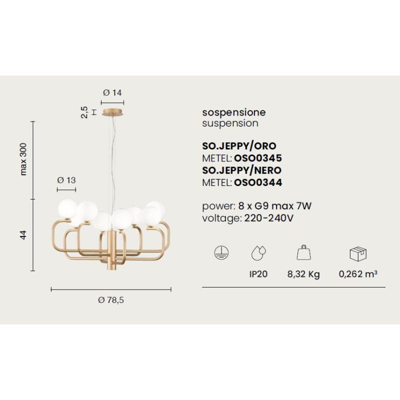 JEPPY SOSPENSIONE MODERNA 8 LUCI IN METALLO ORO O NERO CON SFERE IN VETRO BIANCO LAMPADINE G9