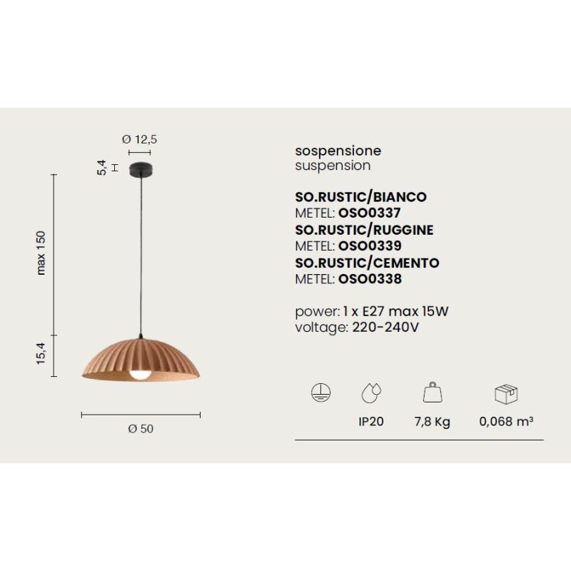 RUSTIC SOSPENSIONE SINGOLA IN CEMENTO DIAMETRO CM 50 BIANCO, RUGGINE O CEMENTO STILE VINTAGE