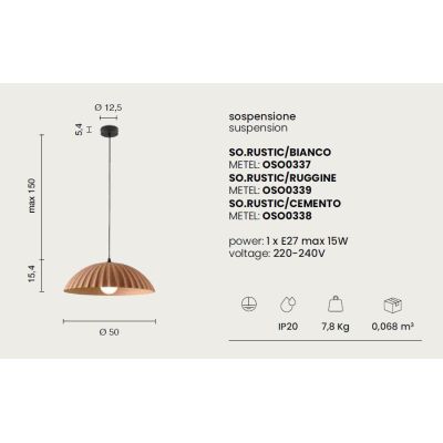 RUSTIC SOSPENSIONE SINGOLA IN CEMENTO DIAMETRO CM 50 BIANCO, RUGGINE O CEMENTO STILE VINTAGE