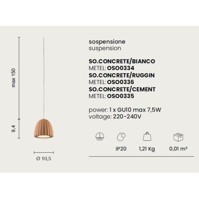 CONCRETE PICCOLA SOSPENSIONE SINGOLA IN CEMENTO D10.5 CM BIANCO, RUGGINE O CEMENTO STILE VINTAGE
