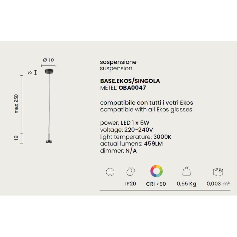 EKOS SOSPENSIONE SINGOLA CON DIFFUSORE IN VETRO COLORARO D12 CM LED 6W LUCE 3000K MODERNA