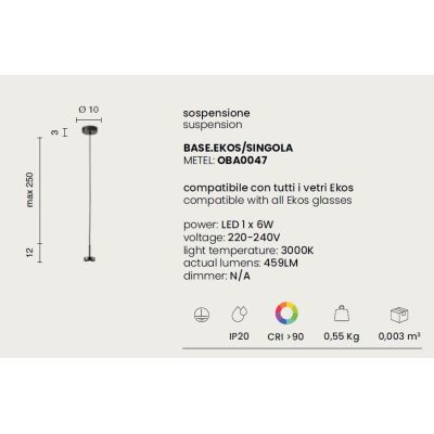 EKOS SOSPENSIONE SINGOLA CON DIFFUSORE IN VETRO COLORARO D12 CM LED 6W LUCE 3000K MODERNA
