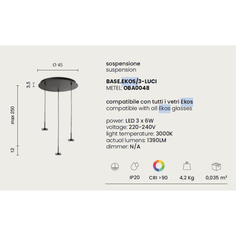EKOS LAMPADARIO A SOSPENSIONE ROTONDO 3 LUCI DIFFUSORI IN VETRO COLORATO LED 18W LUCE 3000K MODERNO