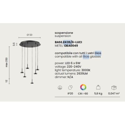 EKOS LAMPADARIO A SOSPENSIONE ROTONDO 6 LUCI DIFFUSORI IN VETRO COLORATO LED 36W LUCE 3000K MODERNO