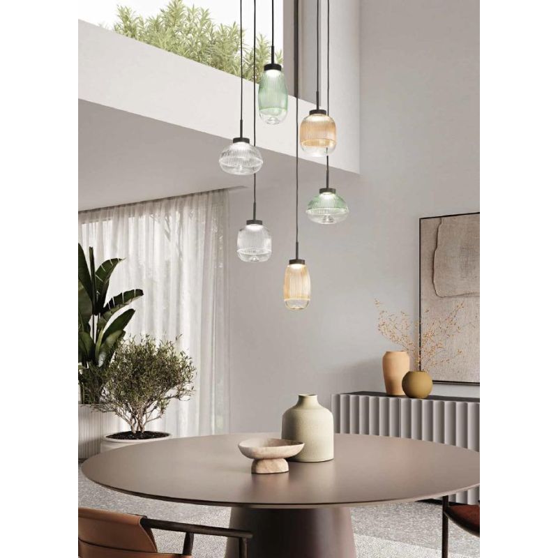 EKOS LAMPADARIO A SOSPENSIONE ROTONDO 6 LUCI DIFFUSORI IN VETRO COLORATO LED 36W LUCE 3000K MODERNO