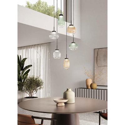 EKOS LAMPADARIO A SOSPENSIONE ROTONDO 6 LUCI DIFFUSORI IN VETRO COLORATO LED 36W LUCE 3000K MODERNO