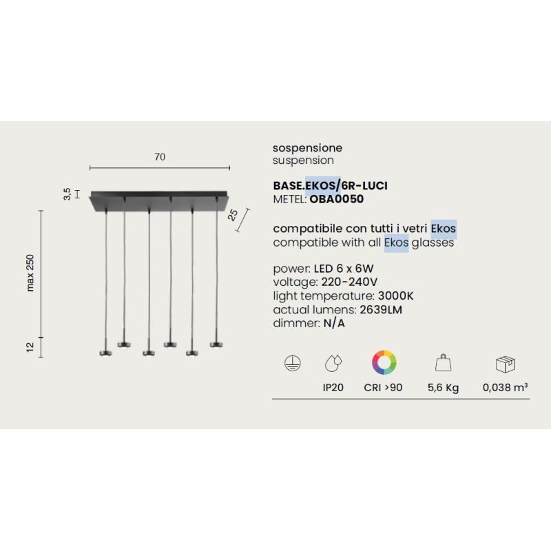 EKOS LAMPADARIO A SOSPENSIONE RETTANGOLARE 6 LUCI DIFFUSORI IN VETRO COLORATO LED 36W LUCE 3000K MODERNO