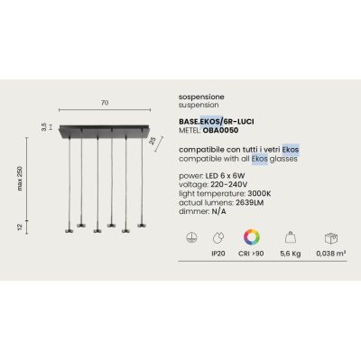EKOS LAMPADARIO A SOSPENSIONE RETTANGOLARE 6 LUCI DIFFUSORI IN VETRO COLORATO LED 36W LUCE 3000K MODERNO