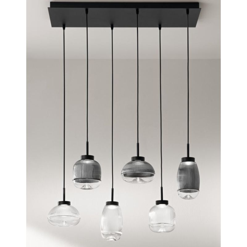 EKOS LAMPADARIO A SOSPENSIONE RETTANGOLARE 6 LUCI DIFFUSORI IN VETRO COLORATO LED 36W LUCE 3000K MODERNO