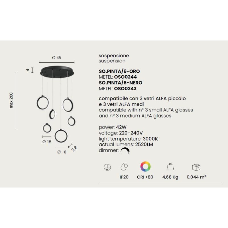 PINTA SOSPENSIONE 6 LUCI IN METALLO NERO CON DIFFUSORI IN VETRO COLORATO LED 49W LUCE 3000K MODERNA ONDALUCE CICIRIELLO - Crista