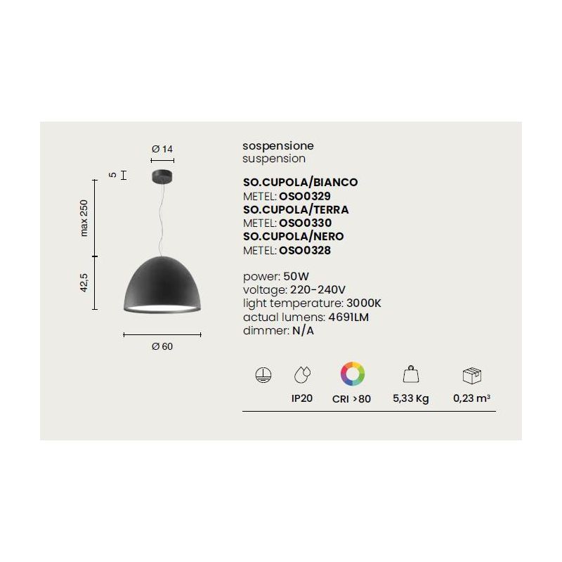 CUPOLA LAMPADARIO A SOSPENSIONE D60 CM LED 50W LUCE 3000K ALLUMINIO BIANCO, NERO O TERRA MODERNO