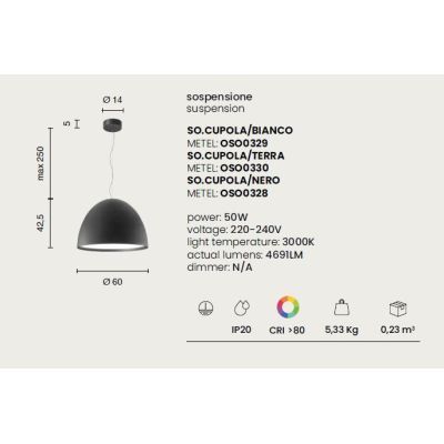 CUPOLA LAMPADARIO A SOSPENSIONE D60 CM LED 50W LUCE 3000K ALLUMINIO BIANCO, NERO O TERRA MODERNO