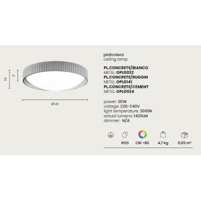 CONCRETE PLAFONIERA IN CEMENTO 3 COLORI D41 CM LED 20W LUCE 3000K STILE VINTAGE
