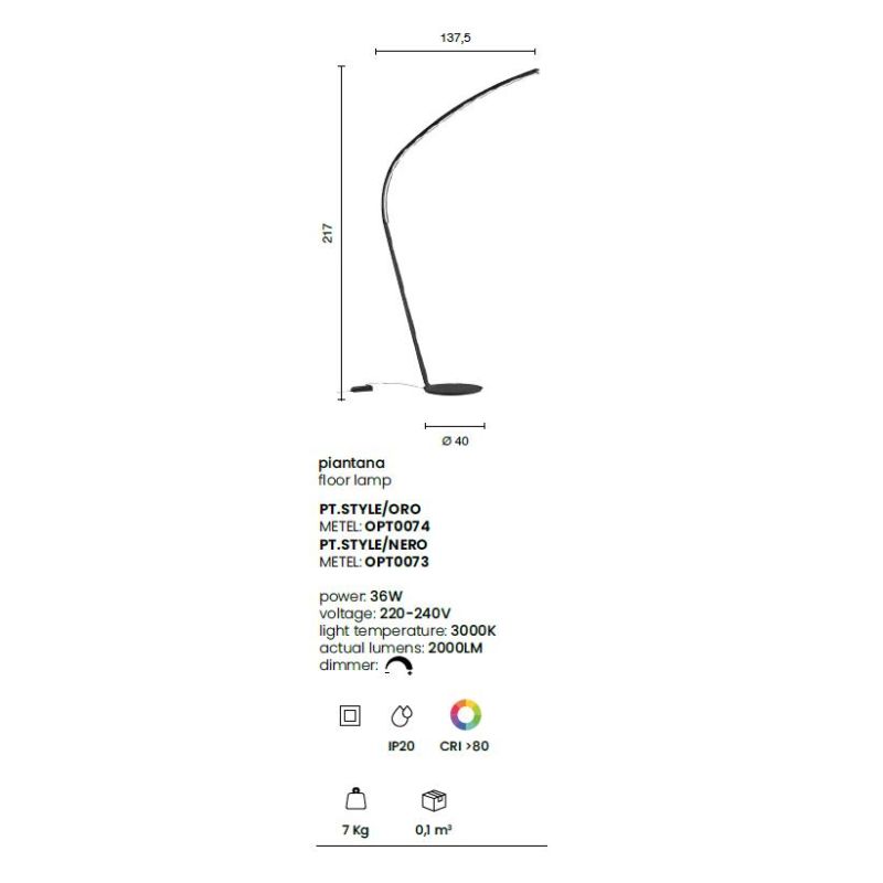 STYLE PIANTANA AD ARCO H217 CM IN METALLO NERO O ORO LED 36W LUCE 3000K DIMMERABILE
