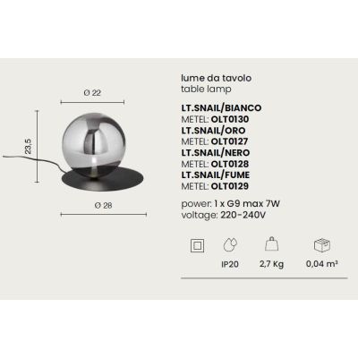 SNAIL LAMPADA DA TAVOLO MODERNA DIFFUSORE A SFERA IN VETRO E BASE IN METALLO 3 COLORI LAMPADINA G9