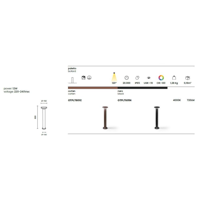 VIALE PALO DA ESTERNI ALLUMINIO CORTEN O NERO IP65 H60 E H80 CM LED INTEGRATO LUCE 4000K DESIGN MODERNO
