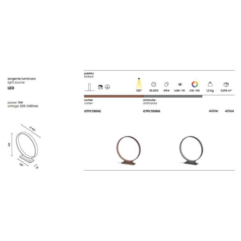MIRTA LAMPADA DA GIARDINO CON FORMA A CERCHIO D40 CM IP54 LED 5W LUCE 3000K-4000K CORTEN E ANTRACITE MODERNA